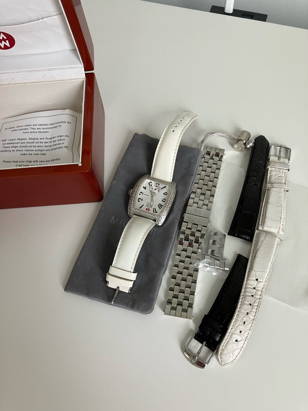 Michele Urban Silver Diamond Bezel Watch, Patent Leather, black and white Strap